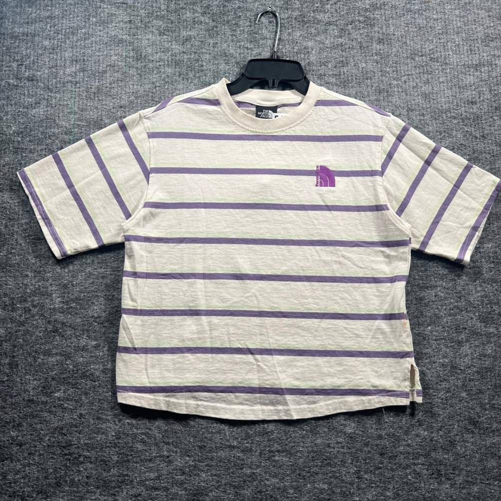 The North Face Womens Small Striped Short Sleeve T-Shirt Cream Purple Boxy